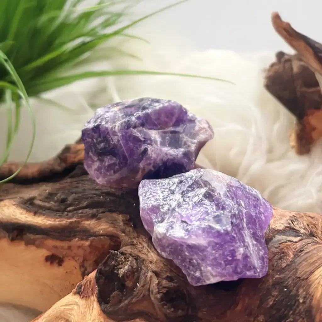 Detailansicht 2er Set Amethyst Rohsteine auf Holz – naturbelassener Kraftstein Ideal für Meditation.