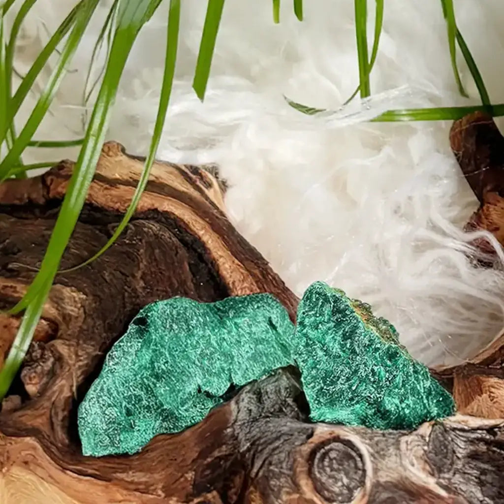 Detailansicht von rohen Malachit Kraftsteinen auf naturbelassenem Holz mit dekorativen Palmenblättern und weichem Hintergrund