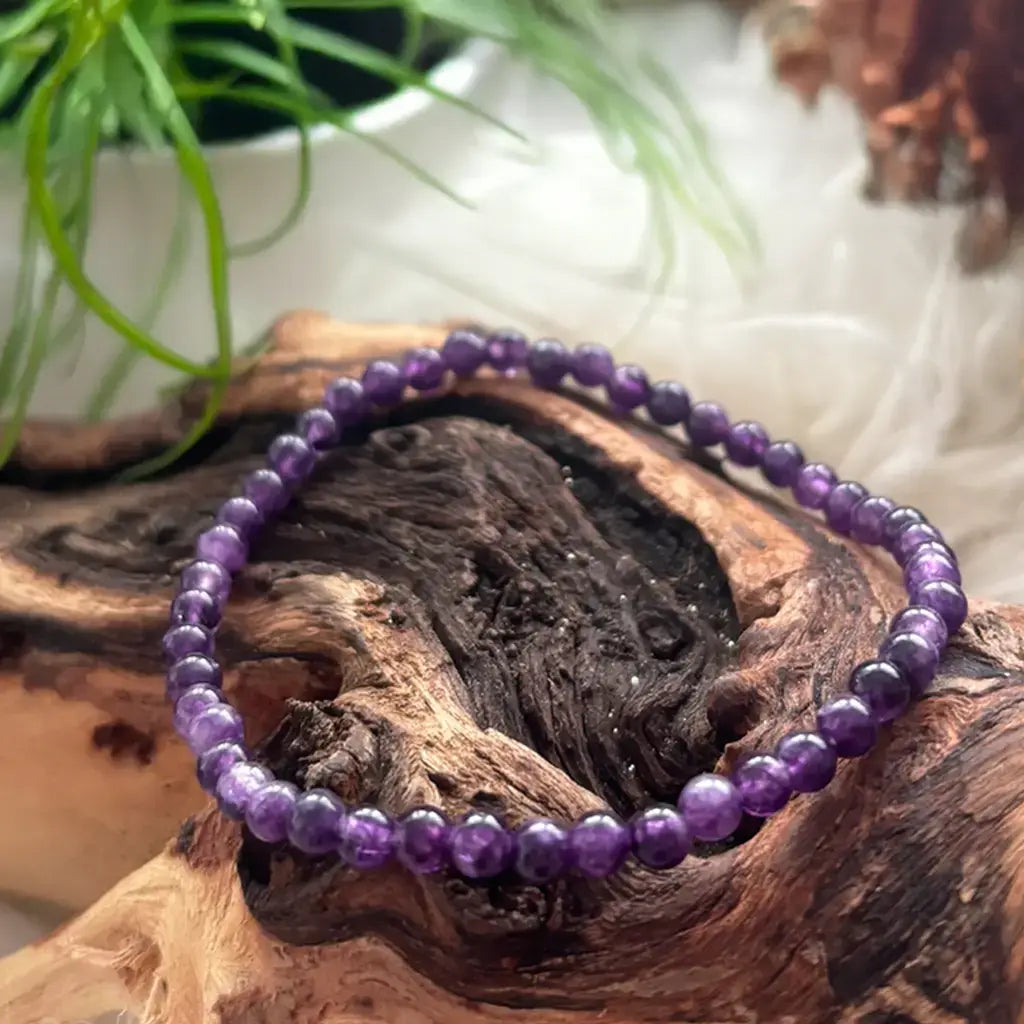 Nahaufnahme von Amethyst Armband mit runden Perlen auf Naturholz – kraftvoller Begleiter für Meditation & Raumharmonie.
