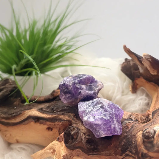 2er Set Amethyst Rohsteine auf Holz – naturbelassener Kraftstein für Klarheit, Schutz und spirituelle Transformation.