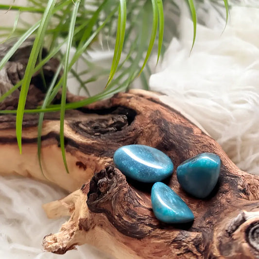 Drei Apatit Trommelsteine in leuchtendem Blau auf Holz – energetische Edelsteine zur Förderung von Klarheit und Ausdruckskraft.