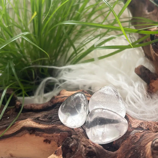 Drei klare Bergkristall Trommelsteine auf Naturholz – glatte Bergkristall Kraftsteine für Klarheit, Energie und Achtsamkeit